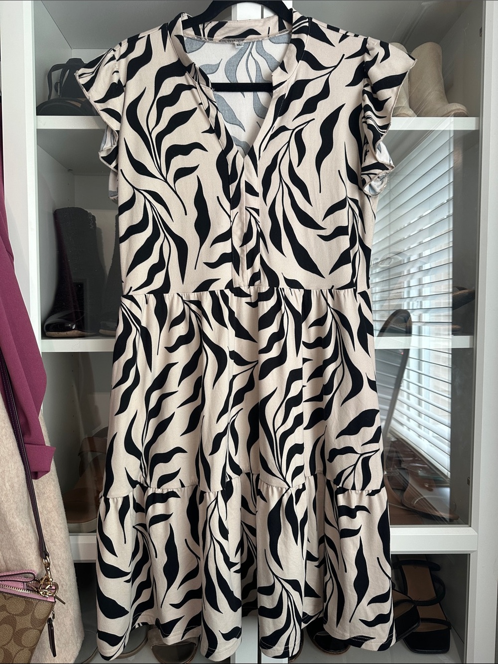 Women's Beige and Black Print Tiered Dress with pockets